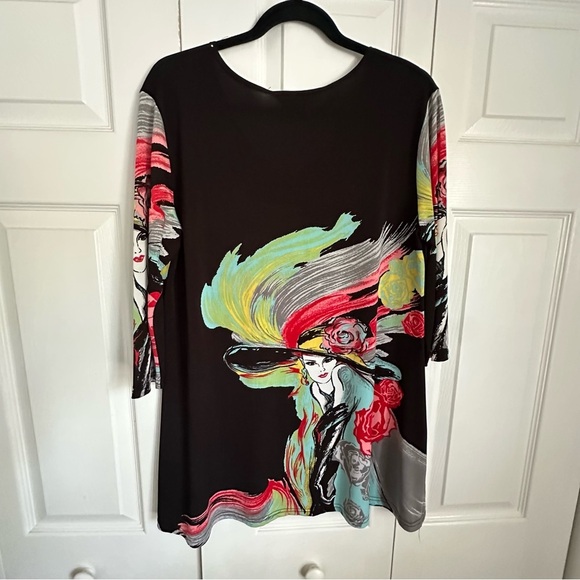 Valentina Tunic Top Womens Medium Black Art Graphic Roses Rhinestone 3/4 Sleeve - Picture 3 of 12
